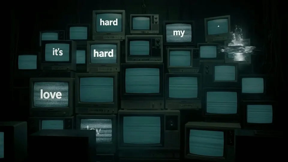 A wall of televisions spelling out the lyrics